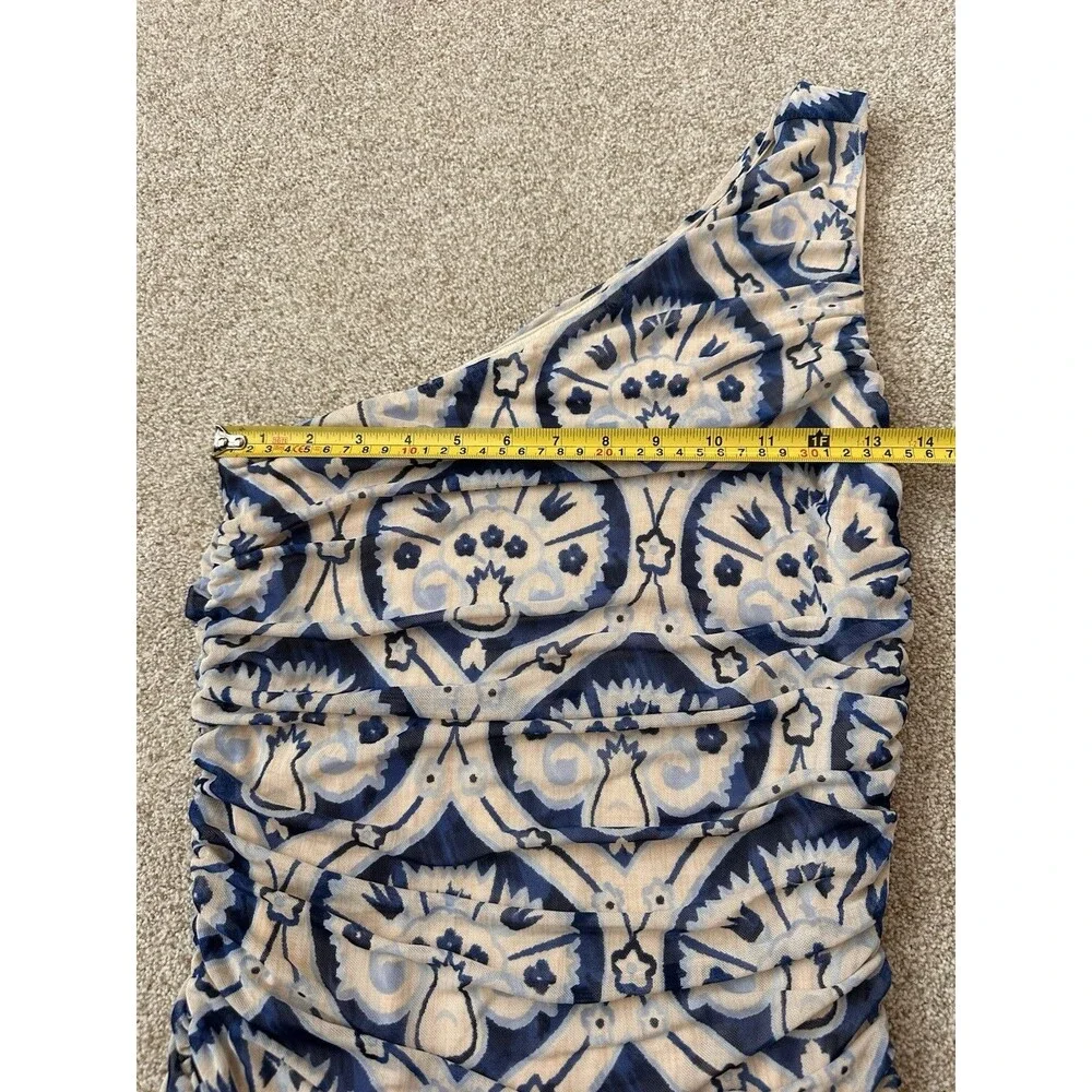 House of Harlow 1960 One Shoulder Ruched Midi Dress Blue Cream Print Size Small